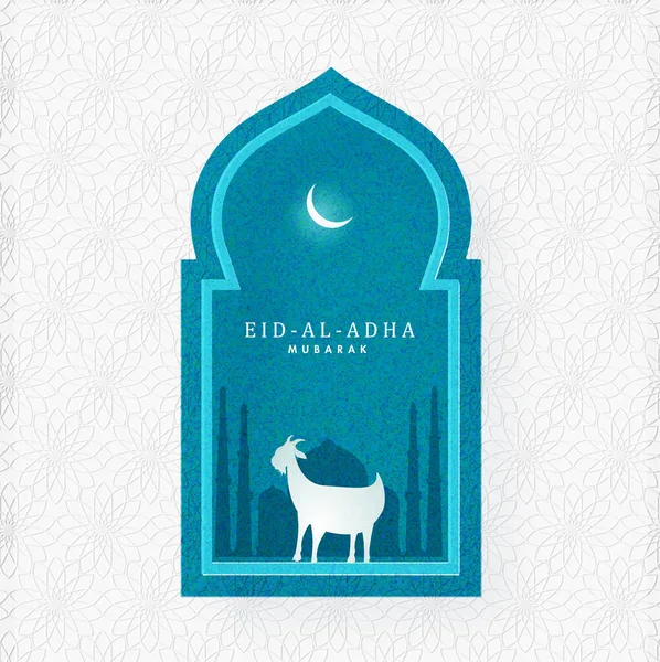 Eid Adha Mubarak Text Silhouette Goat Mosque Crescent Moon Blue — Wektor stockowy