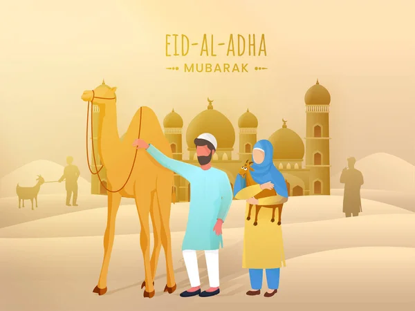 Muslim People Character Cartoon Camel Goat Front Mosque Desert Background — Stockvector
