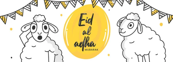 Eid Adha Mubarak Font Line Art Cartoon Funny Sheeps Bunting — Stockvector