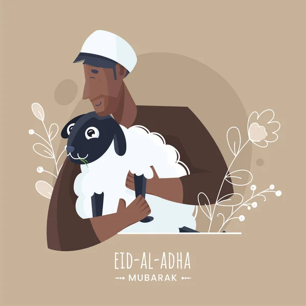 Illustration Muslim Man Holding Cartoon Goat Floral Light Brown Background — Stock vektor