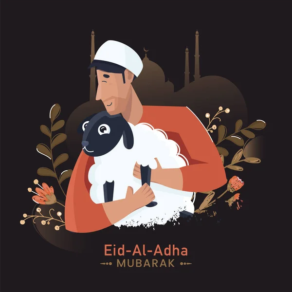 Eid Adha Mubarak Concept Illustration Muslim Man Holding Cartoon Goat - Stok Vektor