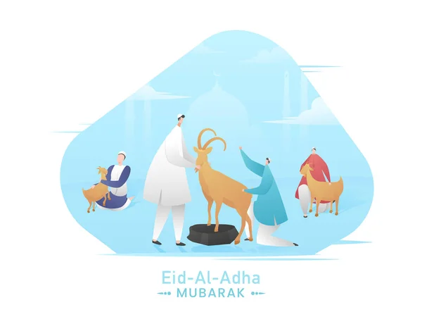 Eid Adha Mubarak Concept Muslim Men Holding Cartoon Goats Blue — Stock vektor