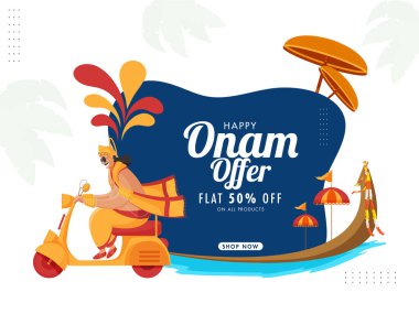 Happy Onam Sale Poster Design with 50% Discount Offer, Aranmula Boat and King Mahabali Driving Scooter on Abstract Background.