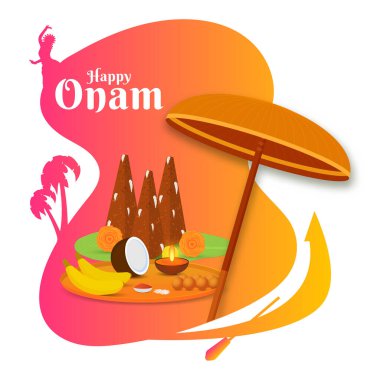 Happy Onam Celebration Concept with Thrikkakara Appan Idol, Fruits, Worship Plate and Maveli Olakkuda (Umbrella) on Abstract Background.