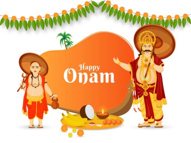Happy Onam Celebration Poster Design with Cheerful King Mahabali, Vamana Avatar, Aranmula Boat, Coconut, Banana and Worship Plate on White Background. clipart
