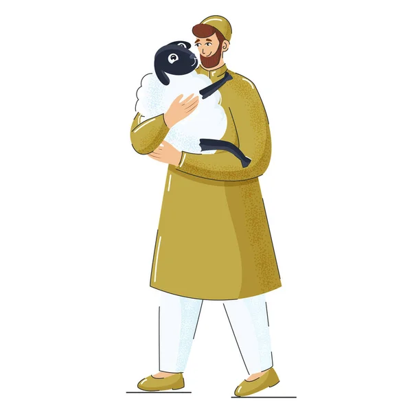 Illustration Muslim Man Holding Sheep Standing Pose — Stockvector