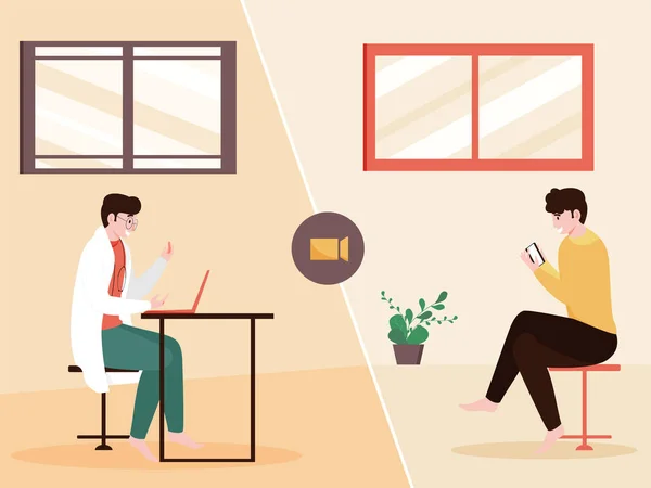 Online Consultation Concept Illustration Patient Having Video Call Doctor Peach — Stok Vektör