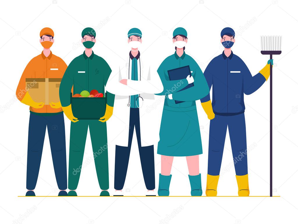 Essential workers who work during coronavirus (covid-19) outbreak such as doctor, nurse, sweeper, delivery boy on white background.