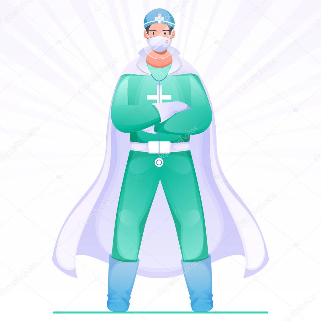 Super Doctor Hero wearing PPE Kit for Fighting the Coronavirus (Covid-19).