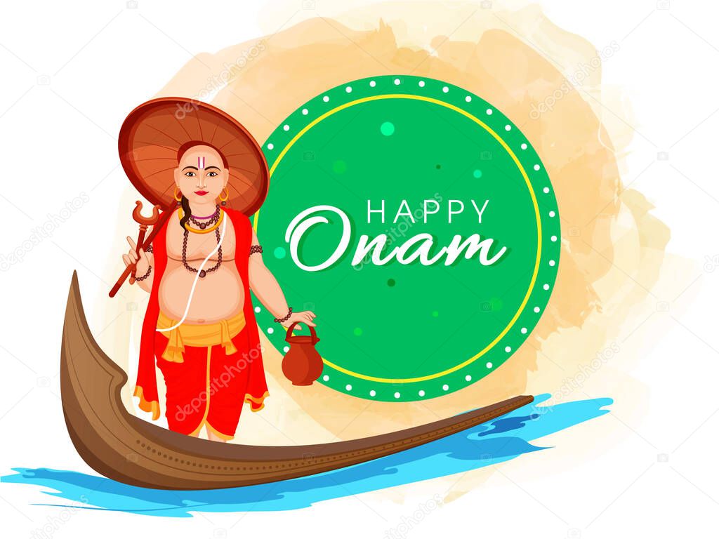 Illustration of Vamana Avatar with Aranmula Boat on River and Watercolor Splash Background for Happy Onam Festival.