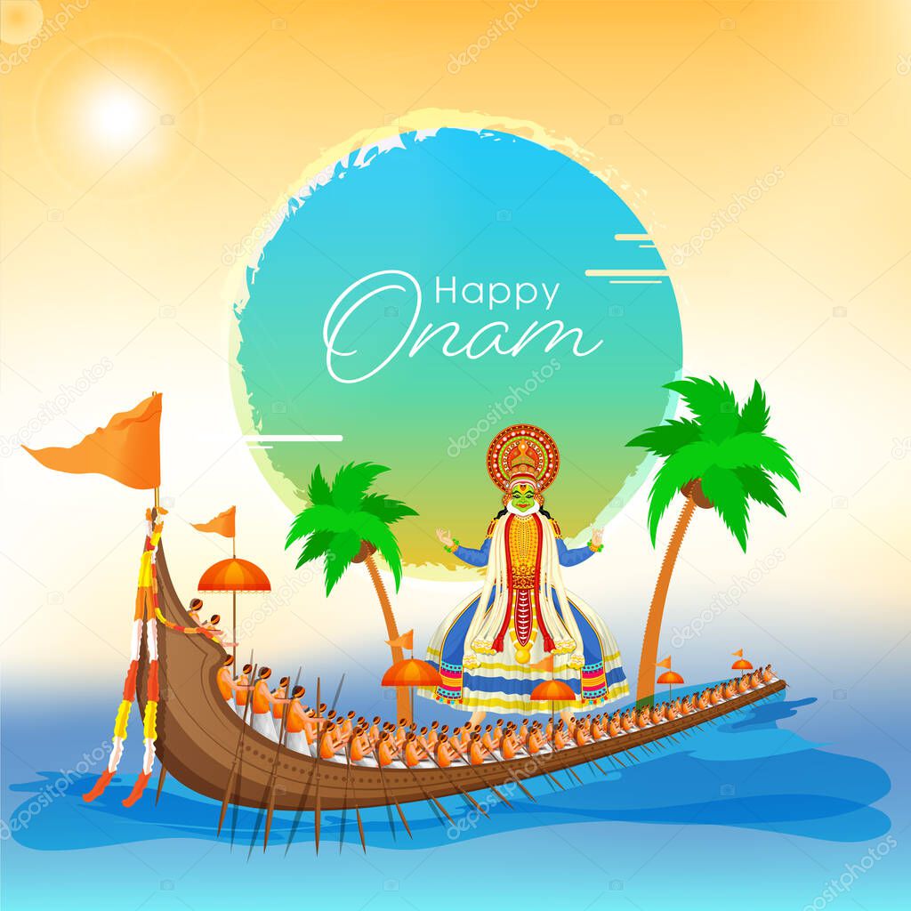 Hapy Onam Font with Kathakali Dancer Character, Coconut Trees and Aranmula Boat Race on River and Sunshine Background.