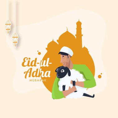 Eid-Ul-Adha Mubarak Concept with Brown Silhouette Mosque, Sticker Style Hanging Lanterns and Muslim Man holding a Cartoon Sheep on Peachy Yellow Background. clipart