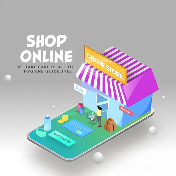 Isometrische Illustration Des Online Shops Smartphone Mit Tollen Angeboten Zahlungskarte — Stockvektor