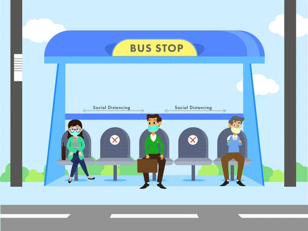 Illustration Människor Bär Ansiktsmask Busshållplatsen Med Upprätthålla Sociala Avstånd För — Stock vektor
