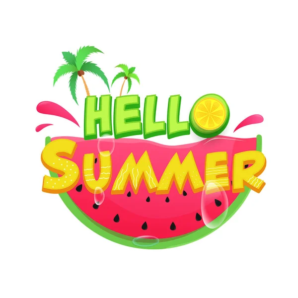 Hello Summer Text Lemon Piece Coconut Trees Water Drops Glossy — стоковий вектор