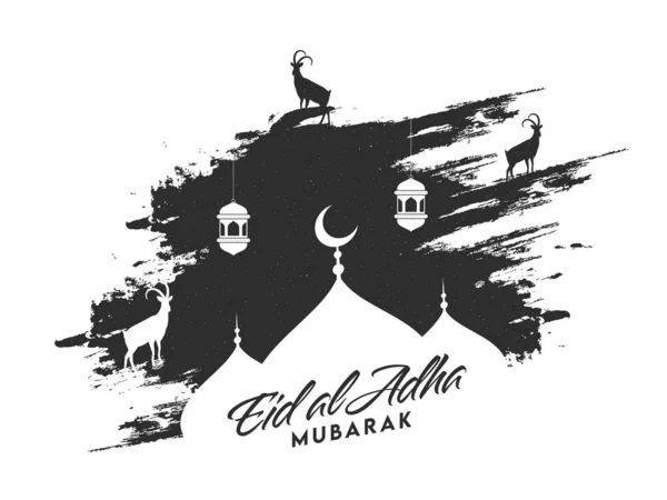 Eid Adha Mubarak Font Met Silhouet Moskee Geiten Hangende Lantaarns — Stockvector