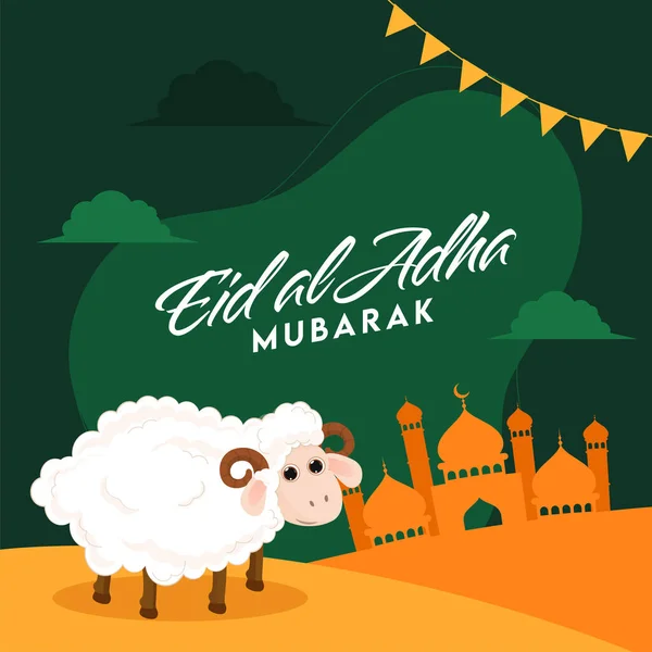 Písmo Eid Adha Mubarak Vlajkami Cartoon Sheep Mešity Bunting Zeleném — Stockový vektor