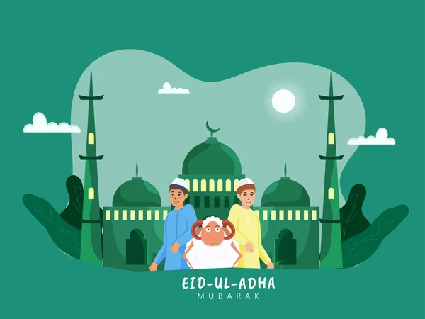 Eid Adha Mubarak Concept Muslim Young Boys Cartoon Sheep Mosque — Stock Vector