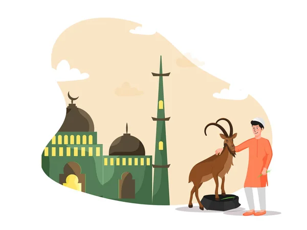Niño Joven Musulmán Sosteniendo Una Cabra Marrón Con Mezquita Verde — Vector de stock