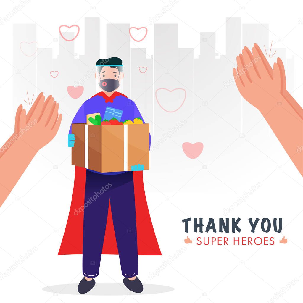 Superhero Delivery Boy wearing Protective Mask with Face Shield, Holding Grocery Box and Clapping Hands to Appreciate on White Cityscape Background.