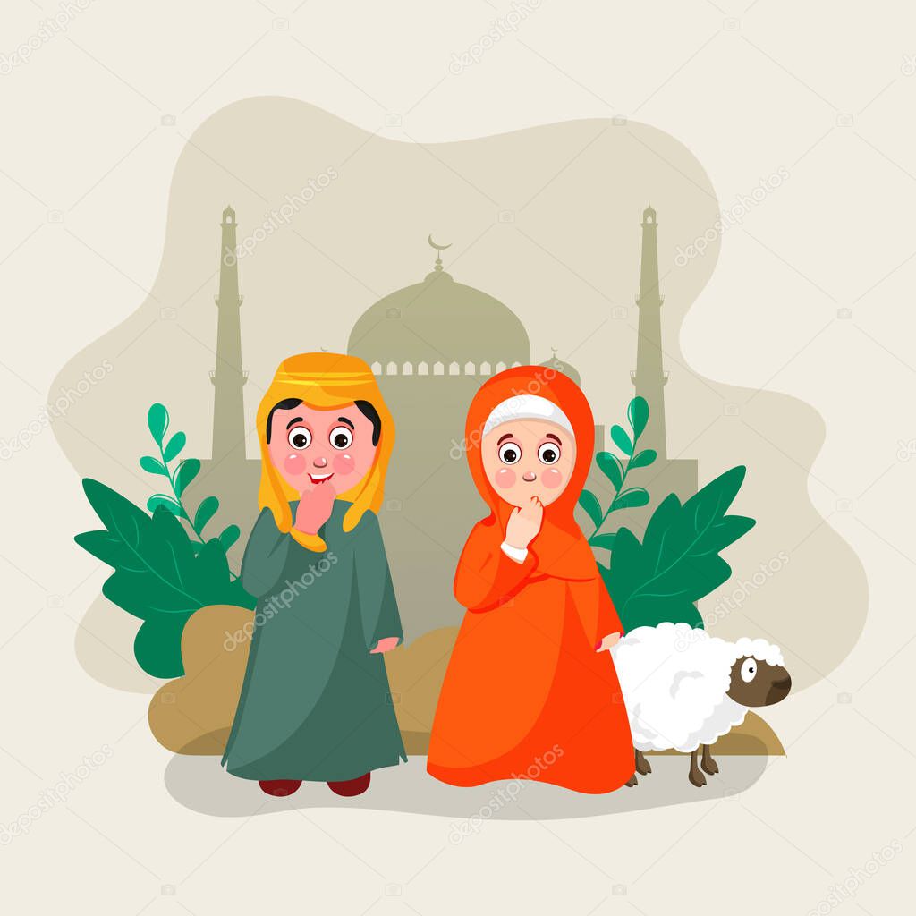 Muslim Couple in Aadab or Welcome Pose with Cartoon Sheep and Green Leaves on Olive Green Silhouette Mosque Background for Islamic Festival Celebration.