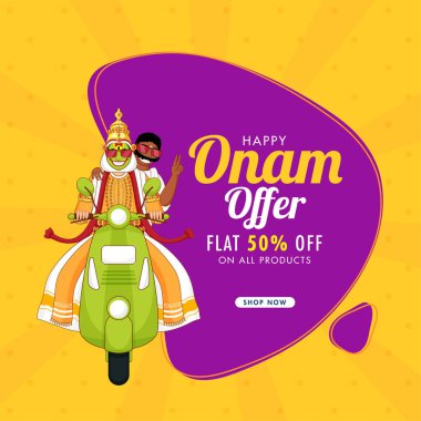 Mutlu Onam İndirimli Poster Tasarımı% 50 İndirim Teklif, Neşeli Kathakali Dansçısı ve Güney Hintli Adam Scooter 'da Birlikte Biniyor.