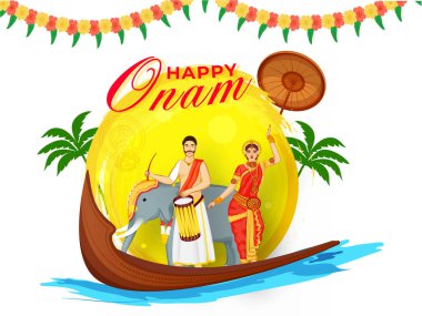 Happy Onam Concept için Klasik Dansçı Kadın, Fil, Aranmula Teknesi, Palmiye Ağaçları ve Maveli Olakkuda (Şemsiye) ile Güney Hindistan Davulcusu.