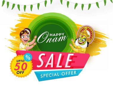 Mutlu Onam Etiketi, Etiketi veya Neşeli Kathakali Dansçısı ve Güney Hintli Kadın Etiketi için% 50 'ye varan indirim.