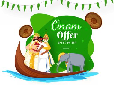 Onam Teklif Satışı Posteri Tasarımı için% 70 indirimli Kral Mahabali, Kathakali Dansçısı, Güney Hintli Adam Selfie Smartphone, Fil ve Aranmula Teknesi.