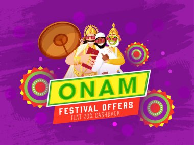 Onam Festivali için% 20 'lik Düz Nakit Kral Mahabali, Kathakali Dansçısı ve Müslüman Adam Selfie' nin Karanlık Magenta Fırça Vuruşuyla İllüstrasyonunu Öneriyor.