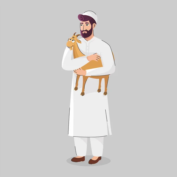 穆斯林男子牵着棕色山羊站在灰色背景的软垫上 — 图库矢量图片