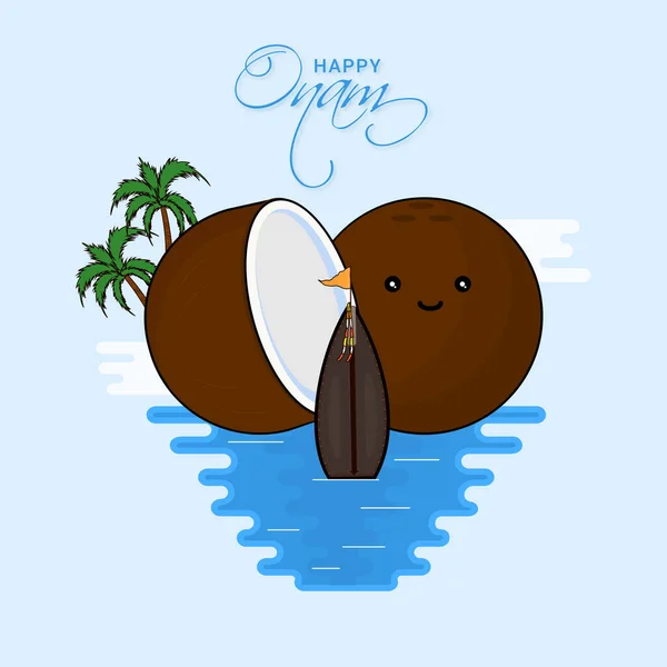 Happy Onam Font Con Brown Smiley Coconuts Trees Aranmula Boat — Vettoriale Stock