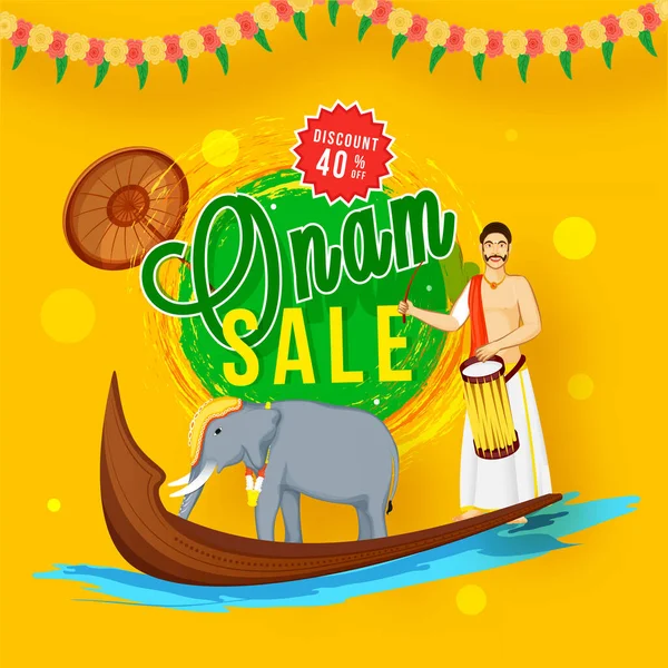 Onam Sale Poster Design Com Oferta Desconto Elefante Aranmula Boat — Vetor de Stock
