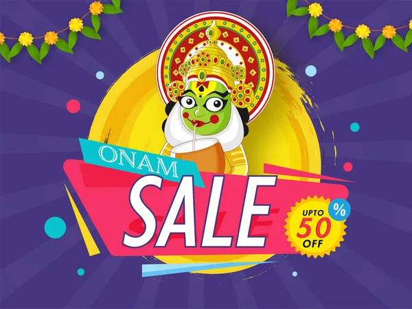 Onam Sale Poster Design Discount Offer Kathakali Dancer Drinking Coconut — Stock Vector