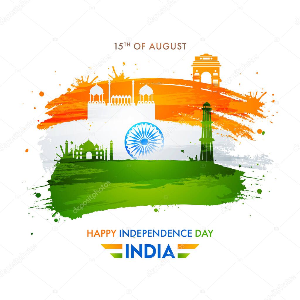 Indian Tricolor Brush Stroke Splash Effect Background with Famous Monuments for 15th August, Happy Independence Day Concept.