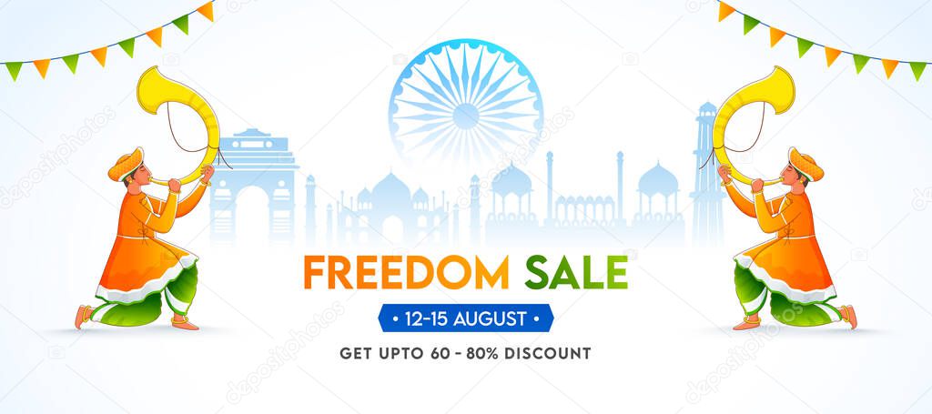 Freedom Sale Banner Design with 60-80% Discount Offer, Famous Monuments, Ashoka Wheel and Tutari (Sringa) Player on the Occasion of 15th August Celebration.