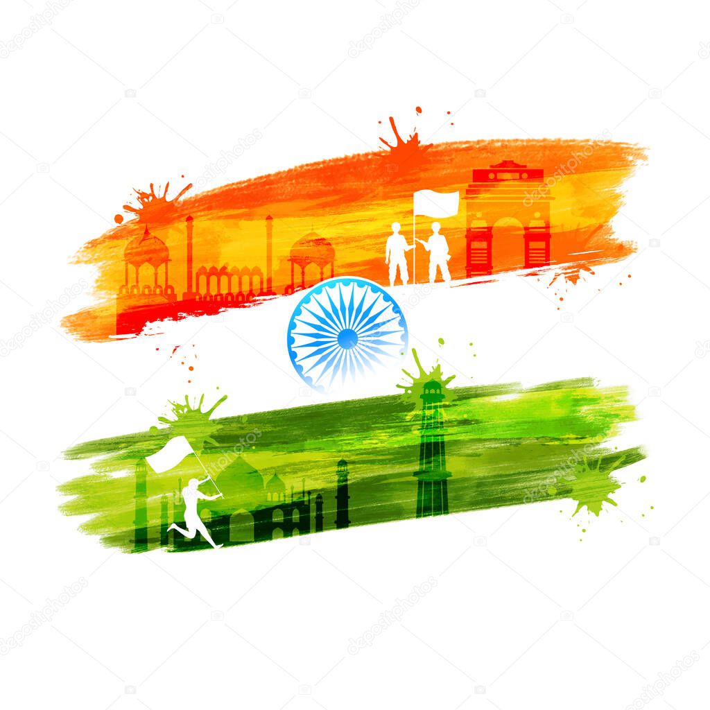 Silhouette Human holding a National Flag with Famous Monuments, Ashoka Wheel and Indian Flag Watercolor Brush on White Background.