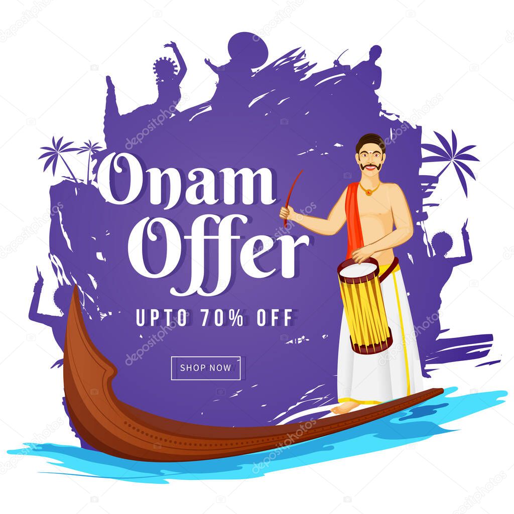 Onam Sale Poster Design with 70% Discount Offer, Aranmula Boat, South Indian Drummer and Purple Brush Stroke Effect on White Background.
