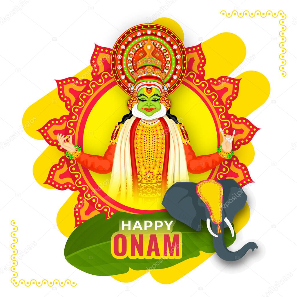 Illustration of Kathakali Dancer with Elephant Face and Banana Leaf on Yellow and Red Mandala Frame for Happy Onam Celebration.