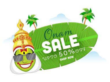 Yeşil muz yaprağında% 50 indirim ve hindistan cevizi ağaçları ve neşeli Kathakali yüz resimleriyle Onam İndirimi. Reklam Posteri Tasarımı.