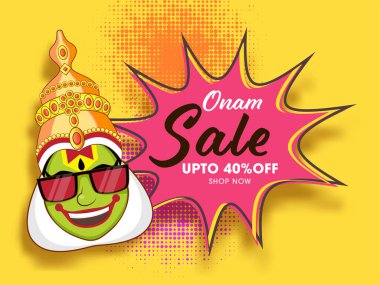 Comic Explosion Onam İndirimli% 40 indirimli ve Neşeli Kathakali Yüzlü Yarıton Efekti Sarı Reklam Arkaplanı.