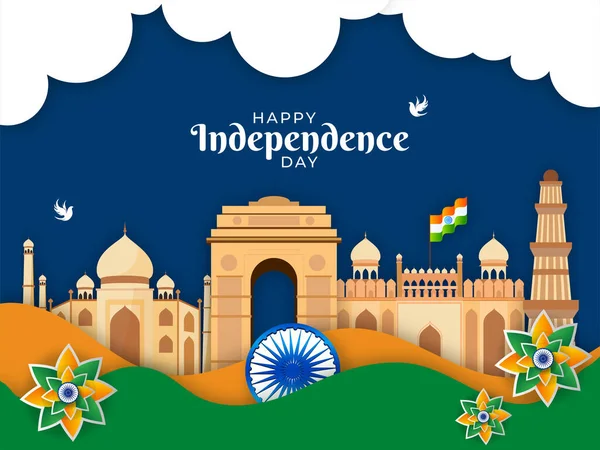 Счастливый День Монументами Индийскими Волнами Летящими Голубями Трехцветными Фловерами Папертью — стоковый вектор