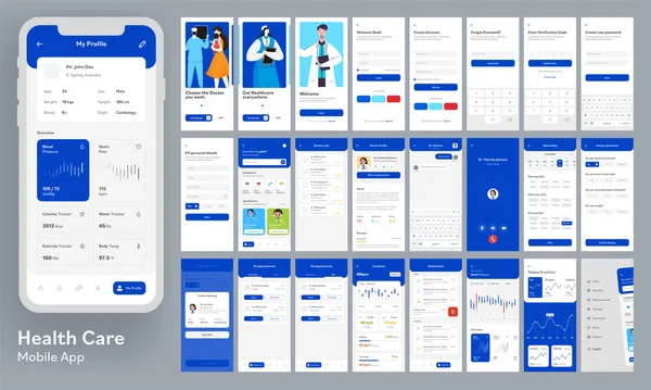 Приложение Healthcare Mobile App Kit Отзывчивым Сайтом Wireframes Сером Фоне — стоковый вектор