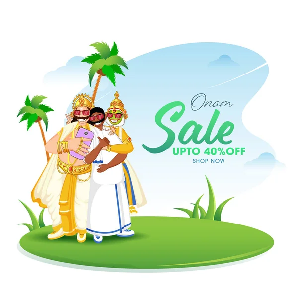 Onam Sale Affisch Design Coconut Trees King Mahabali South Indian — Stock vektor