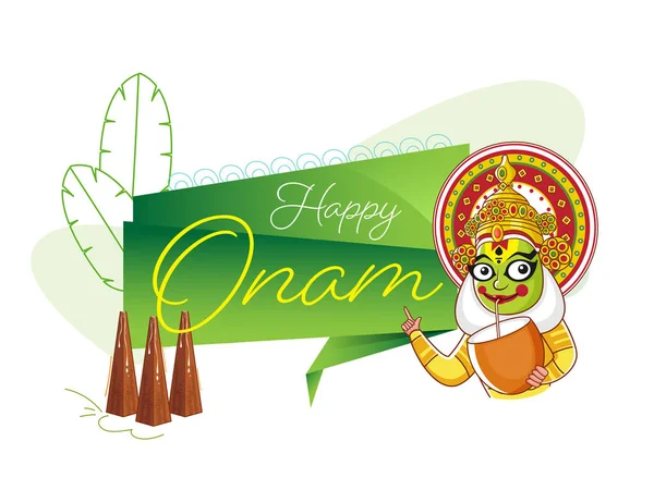 Cartoon Kathakali Tancerz Picie Wody Kokosowej Wyświetlanie Happy Onam Wstążka — Wektor stockowy