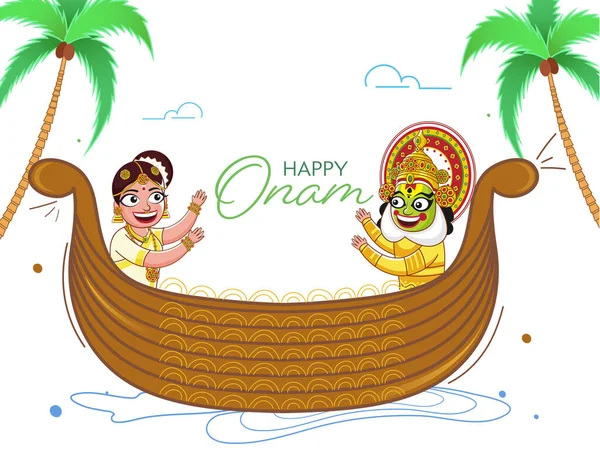 Happy Onam Celebration Concept Ballerina Kathakali Allegra Con Donna Indiana — Vettoriale Stock