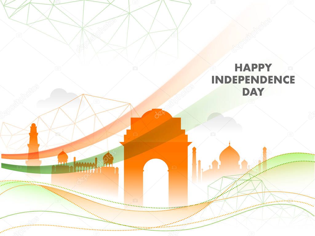 Saffron Silhouette of India Famous Monuments with Polygon Lines and Abstract Dotted Waves on White Background for Happy Independence Day Concept.