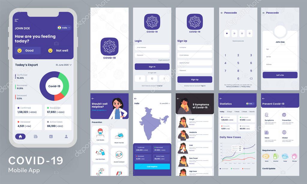 Covid-19 Mobile App UI Kit with Different GUI Layout Including Login, Create Account, Prevention, Symptoms and Information Screens.