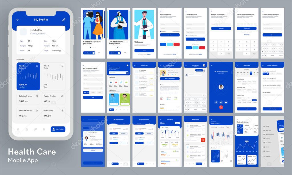 Healthcare Mobile App Ui Kit with Responsive Website Wireframes on Grey Background.