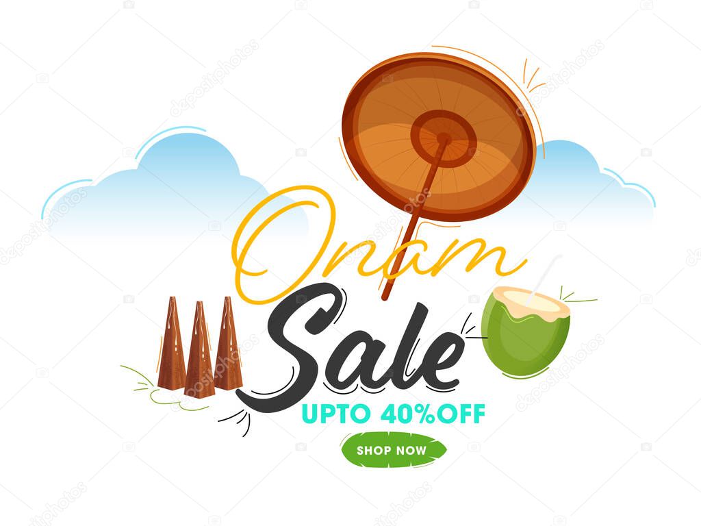 Onam Sale Poster Design with 40% Discount Offer, Thrikkakara Appan Idol, Coconut Drink and Maveli Olakkuda (Umbrella) on White Background.